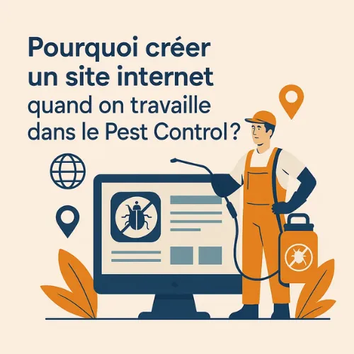 Illustration d’un professionnel du pest control créant son site internet, devant un ordinateur affichant une page web, symbolisant la visibilité et l’indépendance digitale d’une entreprise anti-nuisibles.