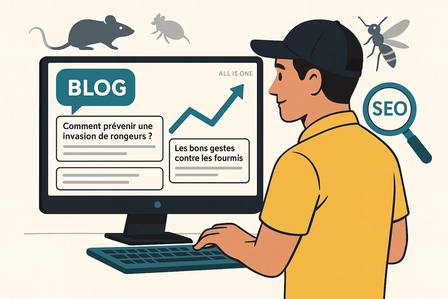 Illustration d’un chef d’entreprise pest control optimisant la visibilité de son site grâce à un blog professionnel de dératisation