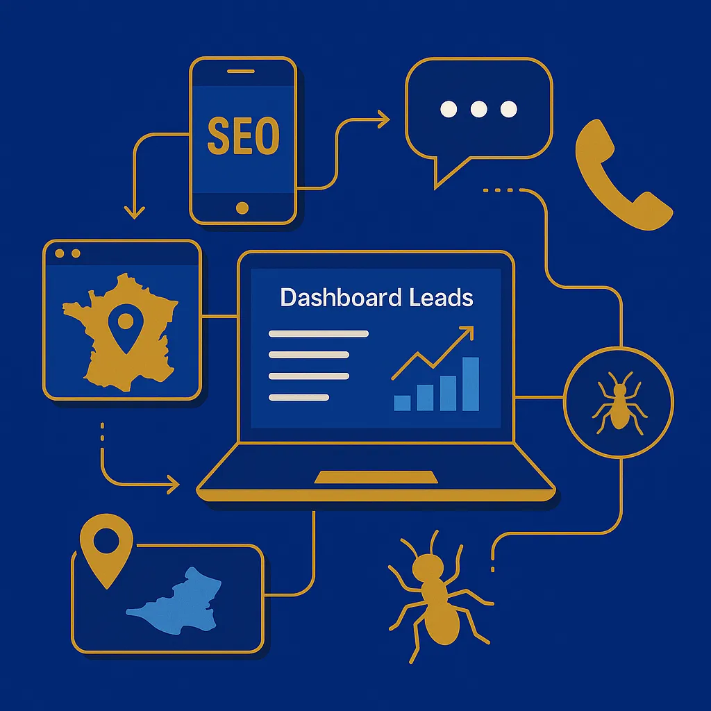 Laptop Dashboard Leads relié à un smartphone, carte de France, téléphone, bulle de relance et icône d’insecte — style flat connecté