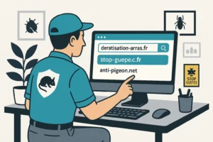 Professionnel anti-nuisibles choisissant un nom de domaine professionnel sur un ordinateur – création de site et branding All Is One