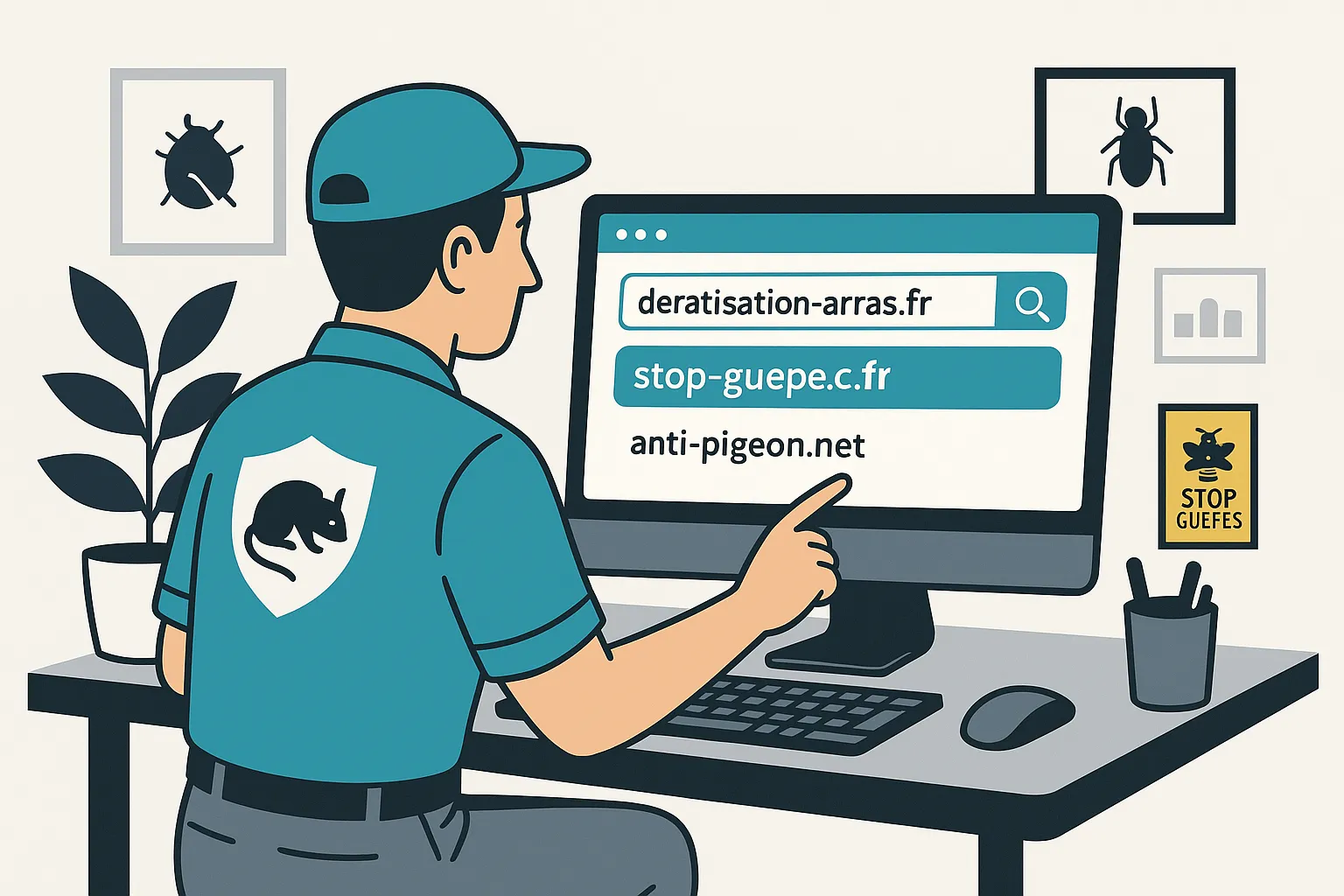 Professionnel anti-nuisibles choisissant un nom de domaine professionnel sur un ordinateur – création de site et branding All Is One