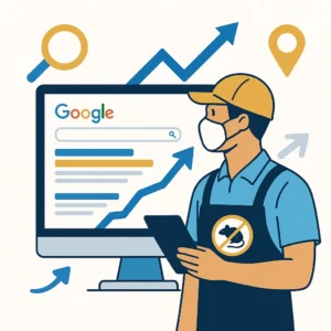 Illustration d’un dératiseur consultant les résultats Google pour améliorer son référencement local