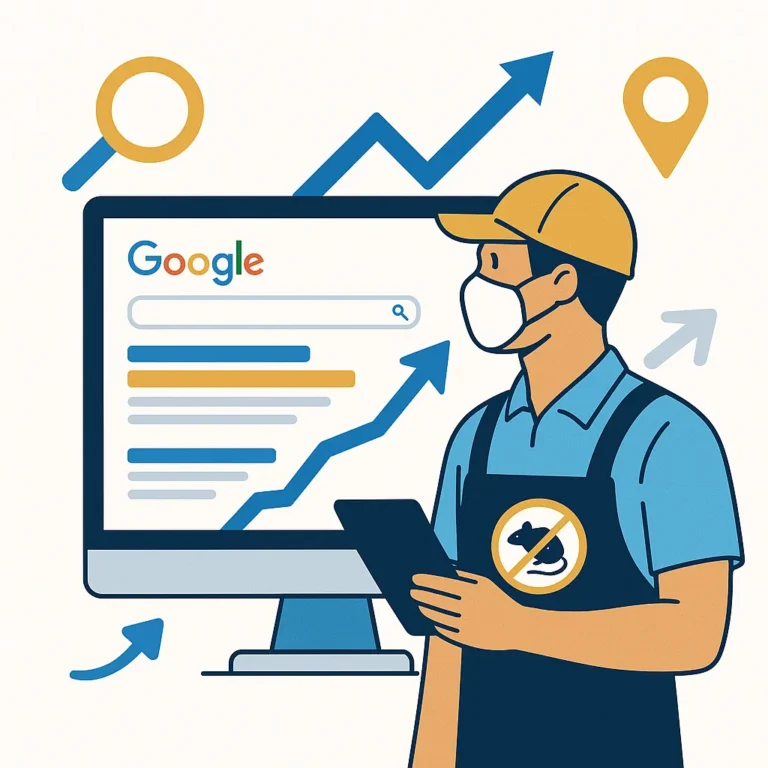 Illustration d’un dératiseur consultant les résultats Google pour améliorer son référencement local