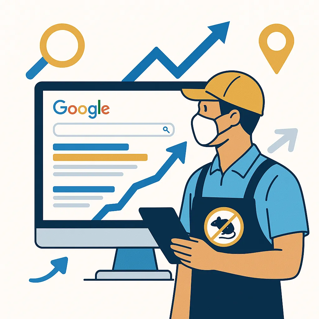 Illustration d’un dératiseur consultant les résultats Google pour améliorer son référencement local
