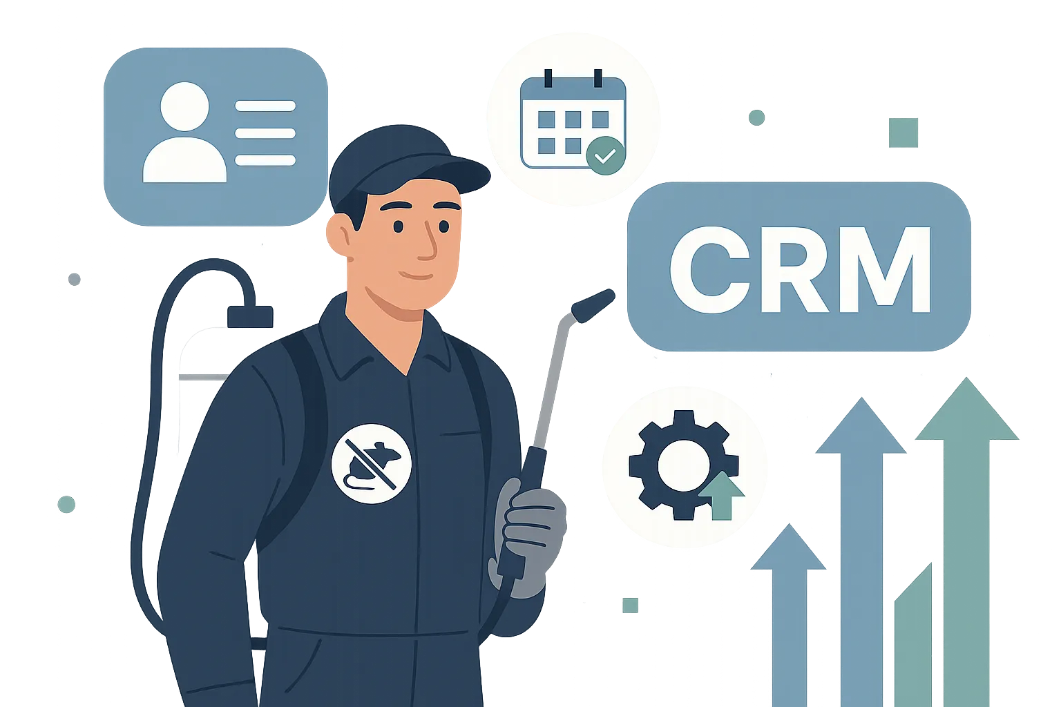 Image professionnelle illustrant les principaux bénéfices d'un CRM dans le secteur de la dératisation : gestion centralisée des clients, suivi des interventions, planification optimisée et traçabilité complète.