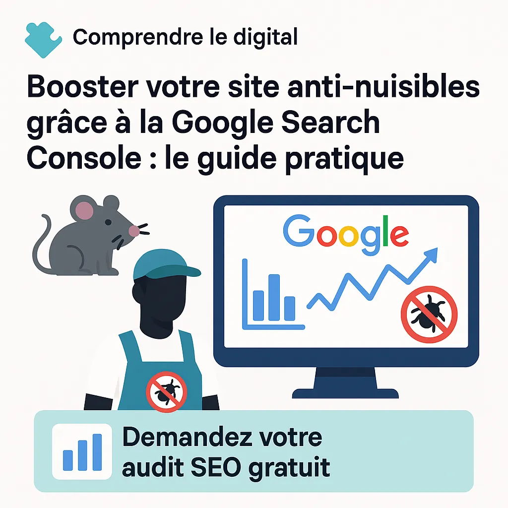 Illustration d’un professionnel anti-nuisibles analysant la Google Search Console pour améliorer le référencement de son site web, avec graphiques et icônes de nuisibles.