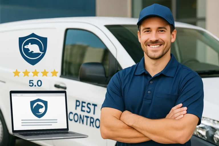 Image de marque dératisation : technicien professionnel et logo d’entreprise reflétant la confiance client