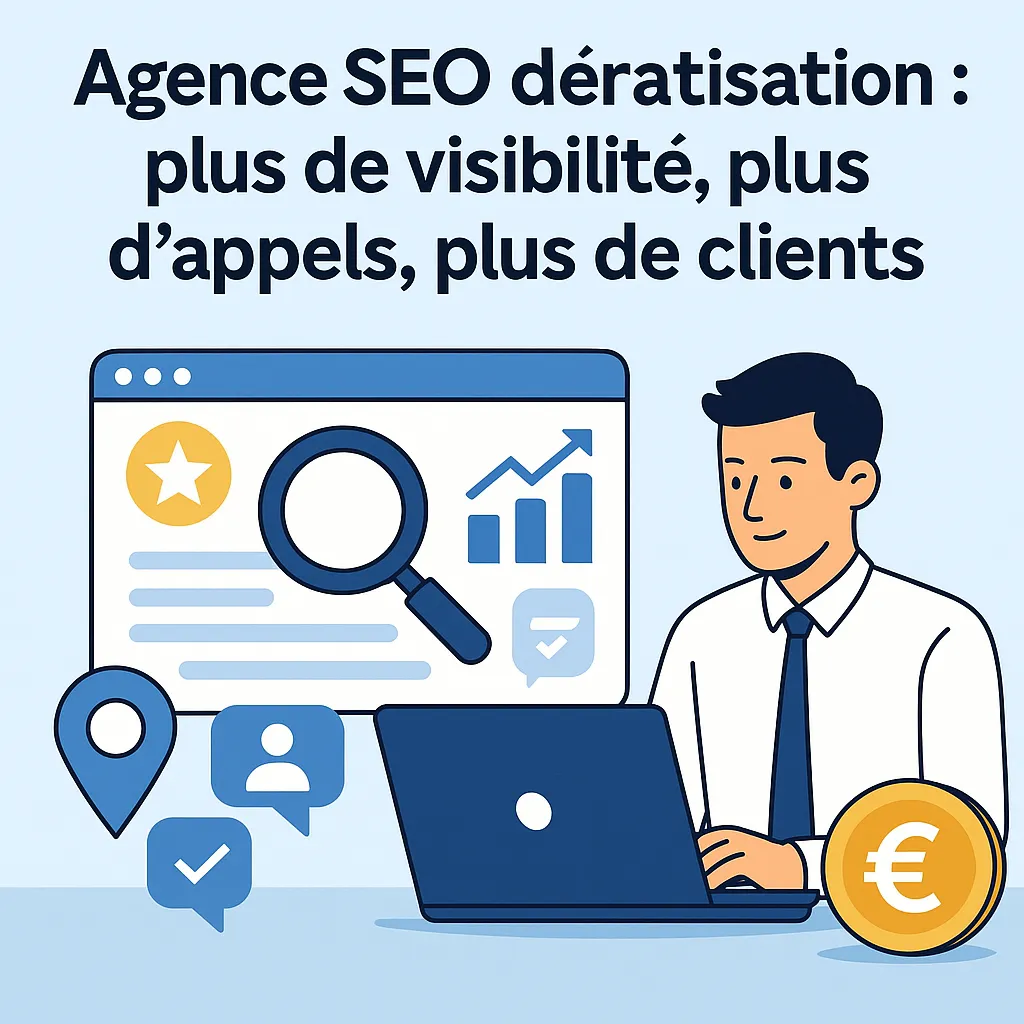 Illustration agence SEO dératisation : expert digital analysant les performances Google d’un site pest control, symboles de visibilité, d’appels et de croissance.