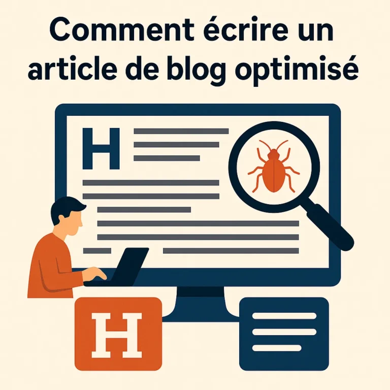 Illustration d’un article de blog optimisé dans le secteur anti-nuisibles, avec un écran d’ordinateur, une loupe montrant un insecte et un rédacteur travaillant sur un contenu SEO.