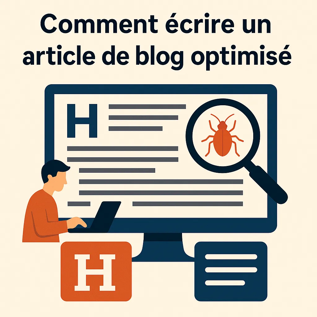 Illustration d’un article de blog optimisé dans le secteur anti-nuisibles, avec un écran d’ordinateur, une loupe montrant un insecte et un rédacteur travaillant sur un contenu SEO.