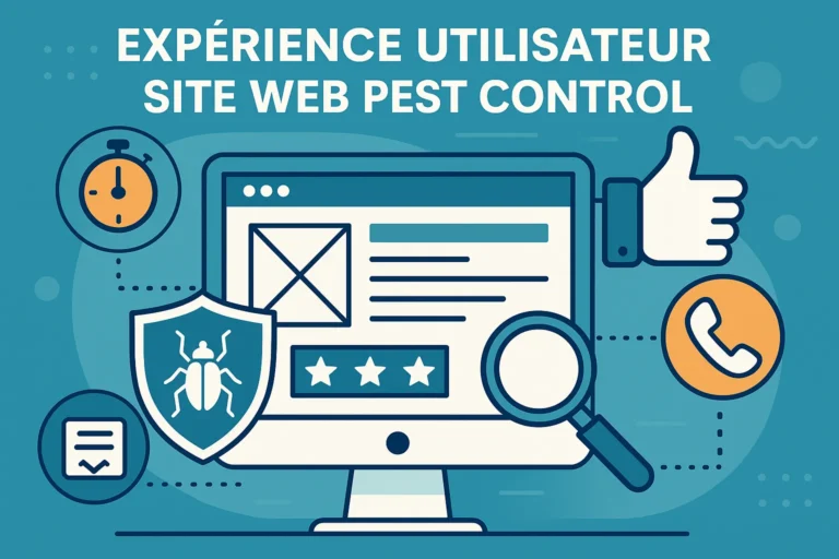 Illustration de l’expérience utilisateur sur un site web pest control : interface simplifiée, éléments de réassurance, contact rapide et navigation optimisée.
