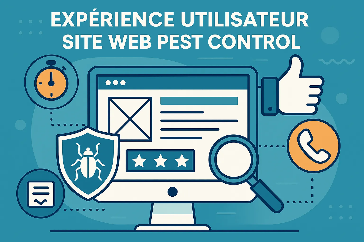Illustration de l’expérience utilisateur sur un site web pest control : interface simplifiée, éléments de réassurance, contact rapide et navigation optimisée.