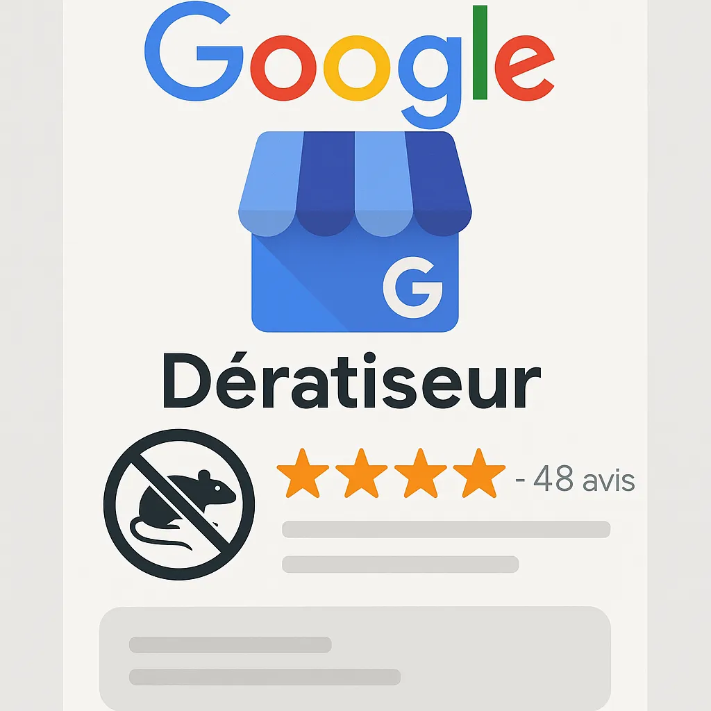 Illustration d’une fiche Google pour dératiseur avec logo Google, icône d’entreprise locale, notes 5 étoiles et symbole anti-rongeurs.