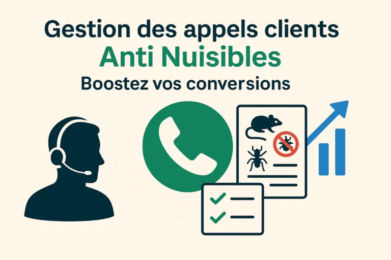 Illustration professionnelle représentant la gestion des appels clients dans une entreprise anti nuisibles : opérateur au casque, pictogrammes de téléphone, rat, insectes et graphique de croissance symbolisant la conversion et la performance commerciale.