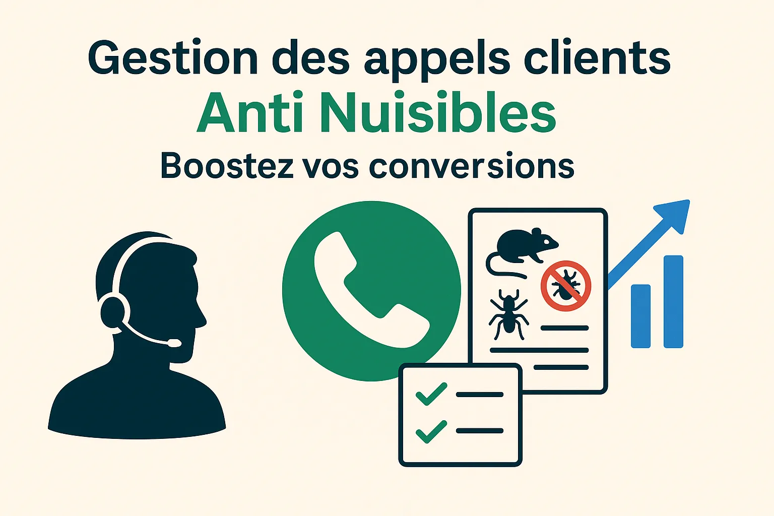 Illustration professionnelle représentant la gestion des appels clients dans une entreprise anti nuisibles : opérateur au casque, pictogrammes de téléphone, rat, insectes et graphique de croissance symbolisant la conversion et la performance commerciale.