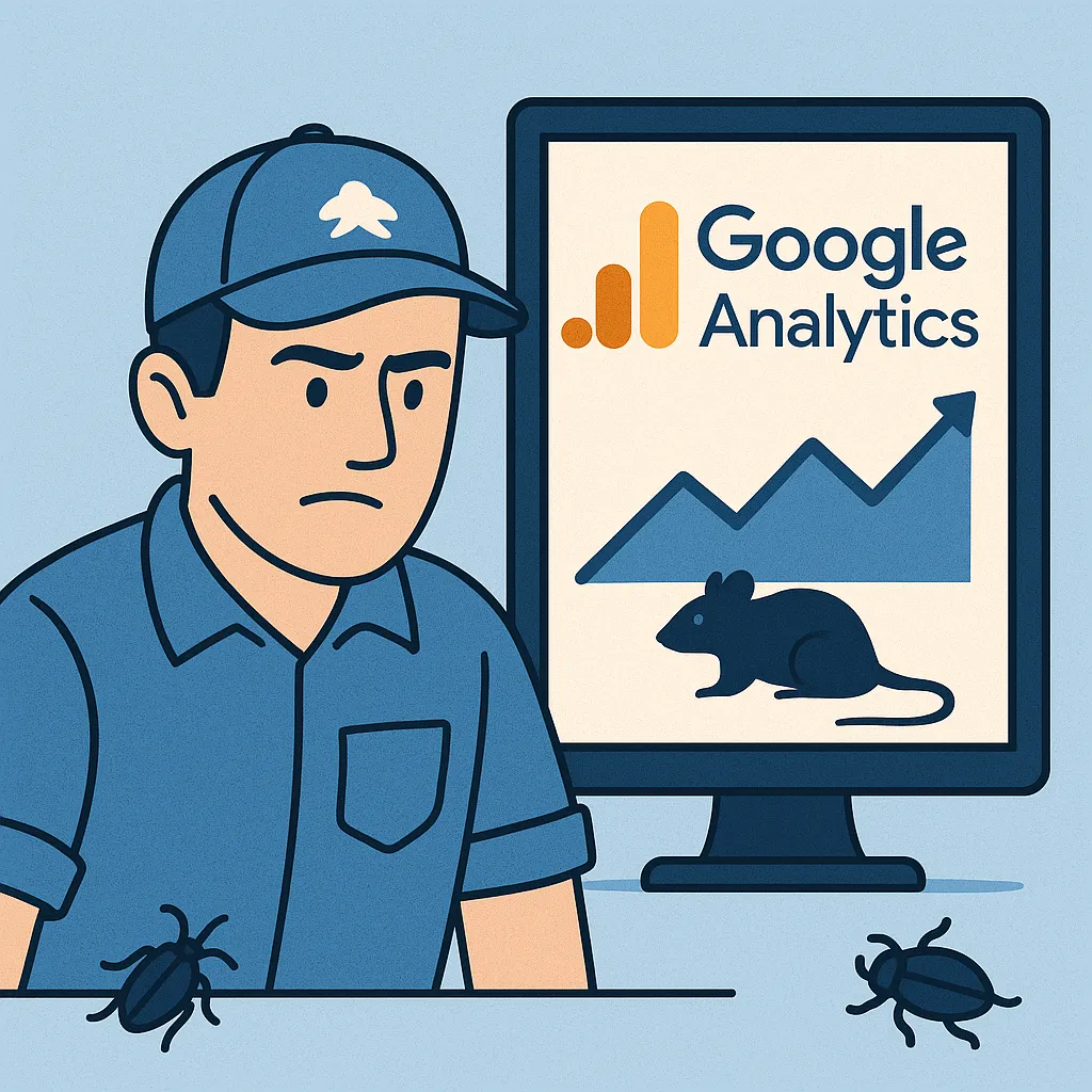 Professionnel anti-nuisibles consultant Google Analytics sur un ordinateur, avec graphiques de performance et carte locale du SEO