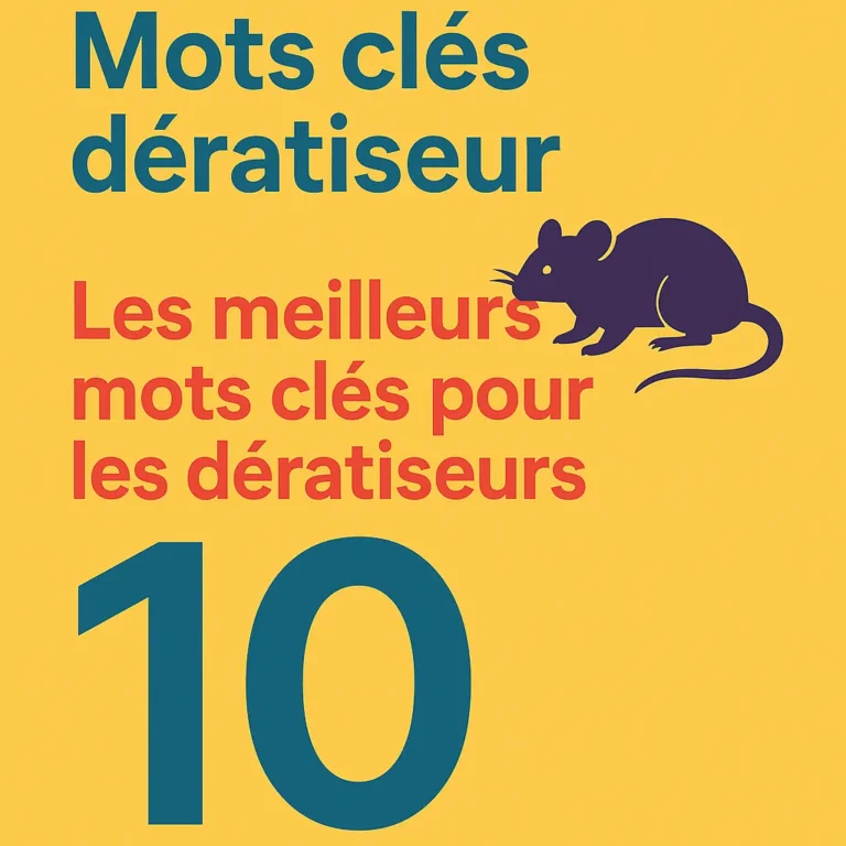 Illustration colorée présentant le titre “Mots clés dératiseur” avec un rat stylisé et la mention “Top 10 des meilleurs mots clés pour les dératiseurs” sur fond jaune.