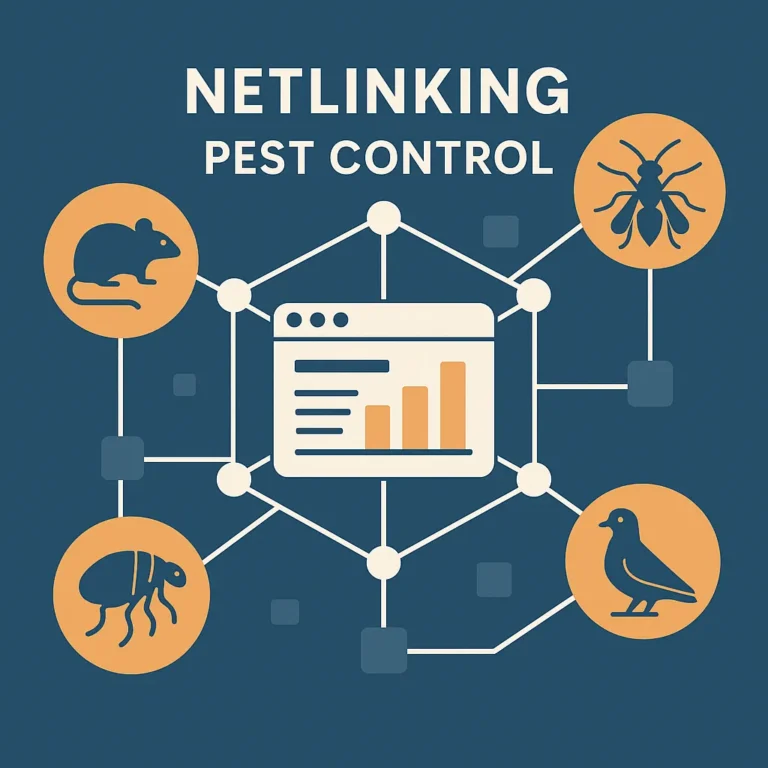 Illustration du netlinking dans le secteur du Pest Control, montrant un réseau de liens autour d’un site web avec des icônes de rat, guêpe, puce et pigeon.