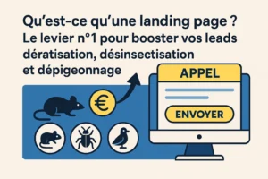 Illustration en français montrant une landing page dédiée aux services anti-nuisibles, avec icônes de rat, insecte et pigeon, et le texte “Qu’est-ce qu’une landing page ? Le levier n°1 pour booster vos leads dératisation, désinsectisation et dépigeonnage