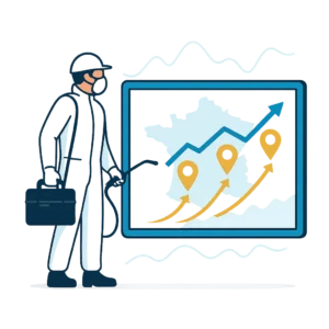 Illustration d’un dératiseur analysant la progression de son référencement local sur une carte, symbolisant la rentabilité du SEO.