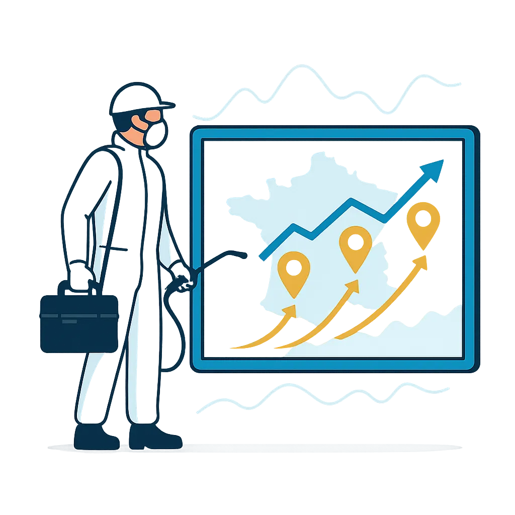 Illustration d’un dératiseur analysant la progression de son référencement local sur une carte, symbolisant la rentabilité du SEO.