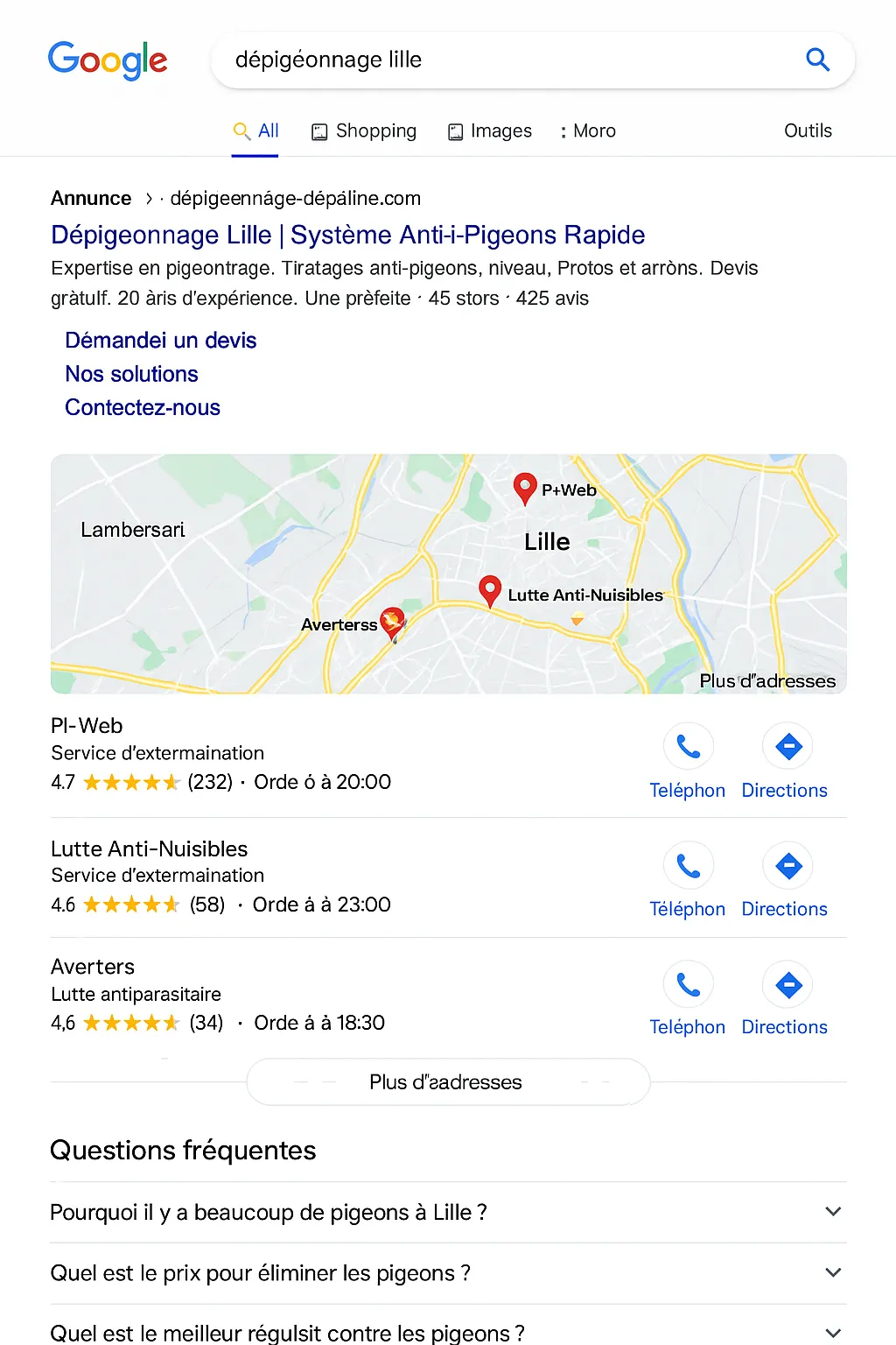 Illustration d’une SERP Google pour la recherche dépigeonnage Lille, montrant les annonces payantes, la carte Google Maps avec trois entreprises locales, les résultats SEO naturels et la section FAQ.