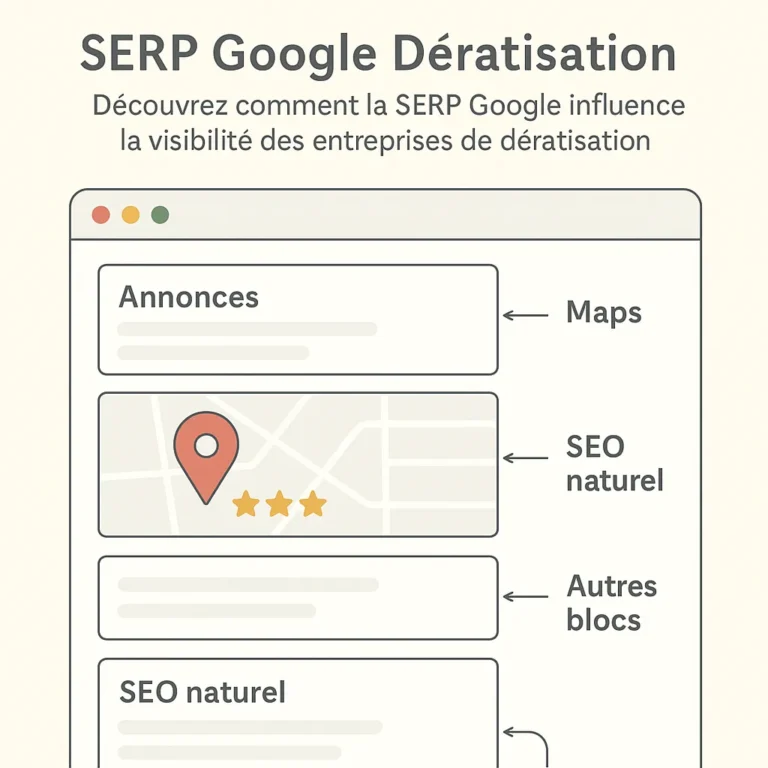 Illustration de la SERP Google pour la dératisation avec les sections annonces, carte Maps et résultats SEO naturels.