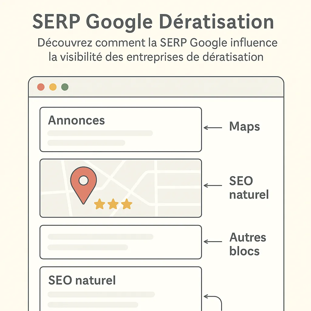 Illustration de la SERP Google pour la dératisation avec les sections annonces, carte Maps et résultats SEO naturels.