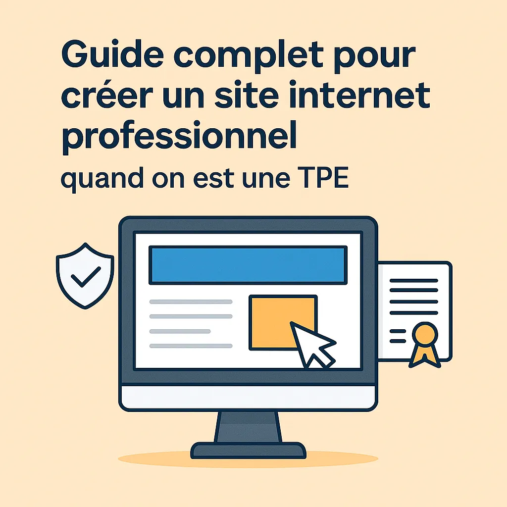 Illustration d’un guide pour créer un site internet professionnel pour TPE, montrant un écran d’ordinateur, des éléments graphiques de mise en page et des icônes de sécurité et certification.