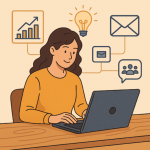 Illustration d’une entrepreneure TPE construisant une stratégie digitale devant un ordinateur, entourée d’icônes marketing comme une croissance graphique, une ampoule, un email et des interactions sociales.