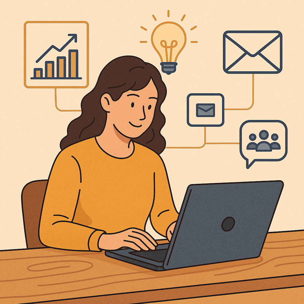 Illustration d’une entrepreneure TPE construisant une stratégie digitale devant un ordinateur, entourée d’icônes marketing comme une croissance graphique, une ampoule, un email et des interactions sociales.