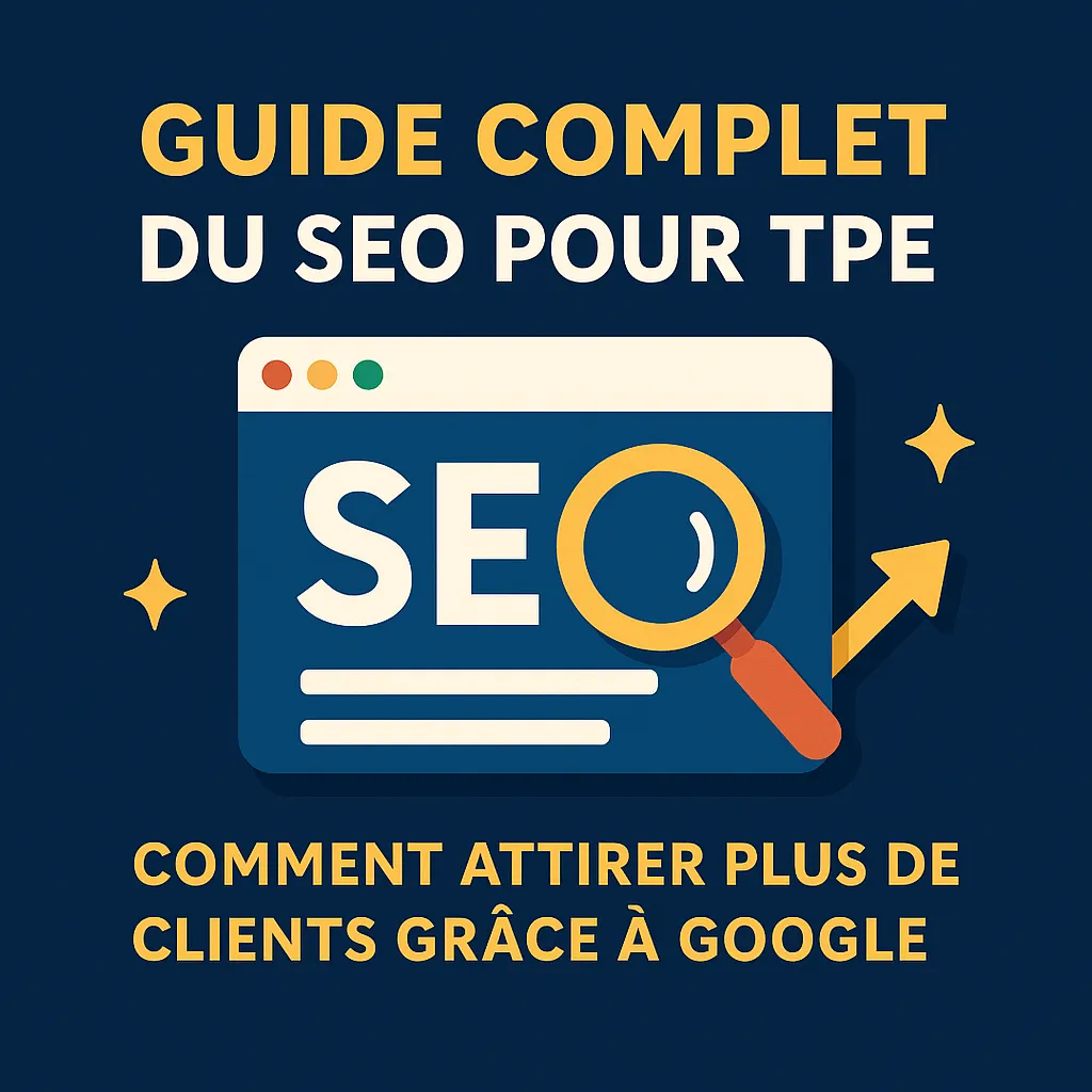Illustration du guide complet SEO pour TPE montrant une fenêtre web, une loupe et une flèche de croissance symbolisant l’optimisation Google pour attirer plus de clients.